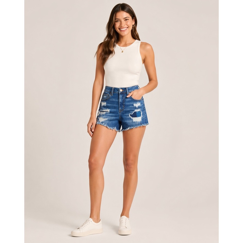 American Eagle Jean Shorts Womens 2 Super Stretch Distressed Blue Cutoff Patches